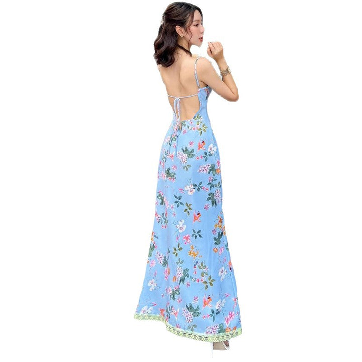 Dame Floral Print Maxi Slip Kjole med Spids Trim Stilla