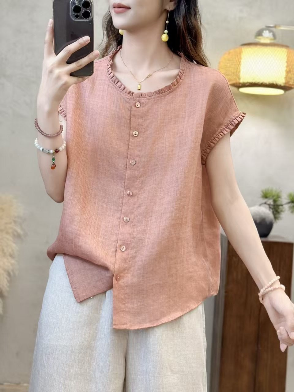 Dame Relaxed Fit Button-Up Korte ærmer Bluse Stilla