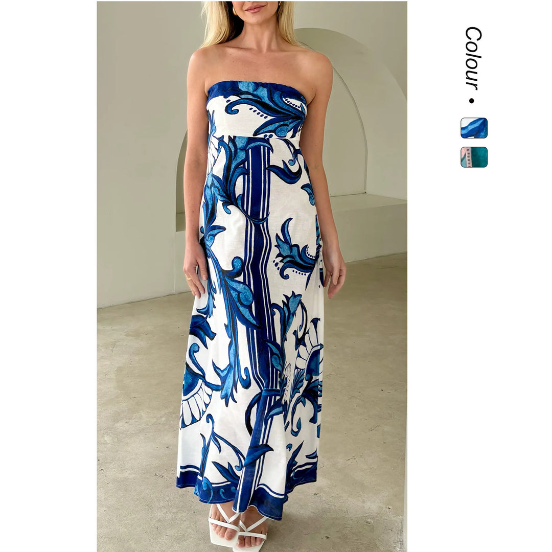 Kvindernes Bandeau Maxi Kjole med Elegant Blomstertryk og Flowsk Skæring