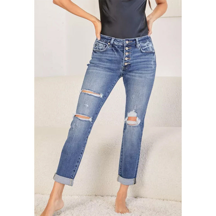 Damejeans i moderne boyfriend-snit med høje knapdetaljer og stilfuld used-look Stilla