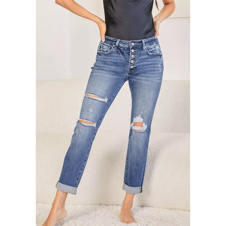 Damejeans i moderne boyfriend-snit med høje knapdetaljer og stilfuld used-look Stilla