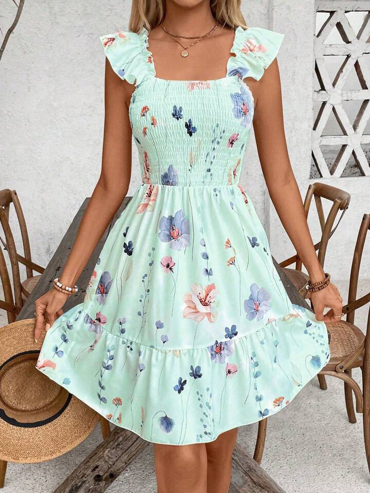 Dame Smocked Floral Ruffle Mini Kjole Stilla