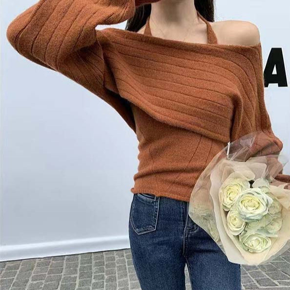 Dame Off-Shoulder Ribstrik Kort Pullover Stilla
