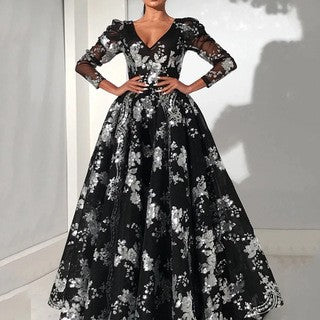 Dame Elegant Ballkjole med blomster mønstre og gennemsigtige ærmer Stilla
