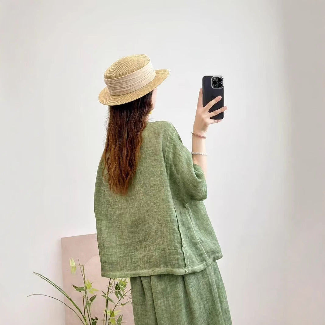 Femme Kortærmet-Linned-Knap-Op-Bluse Stilla