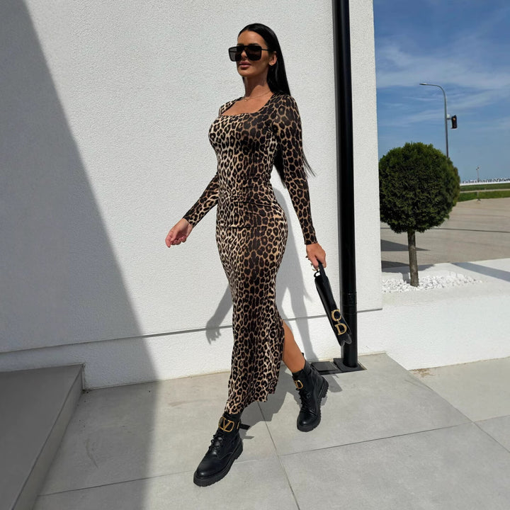 Dame Bodycon Maxikjole med elegant firkantet udskæring og lange ærmer Stilla