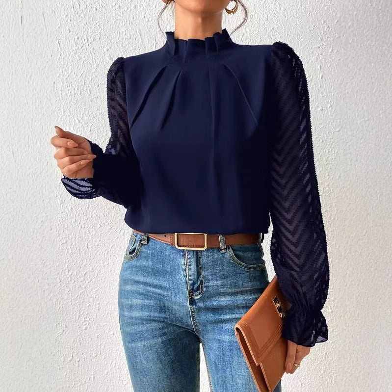 Dame Elegant bluse top med flæse detaljer og gennemsigtige ærmer Stilla