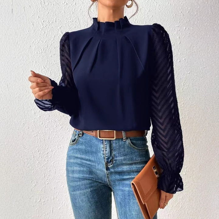 Dame Elegant bluse top med flæse detaljer og gennemsigtige ærmer Stilla