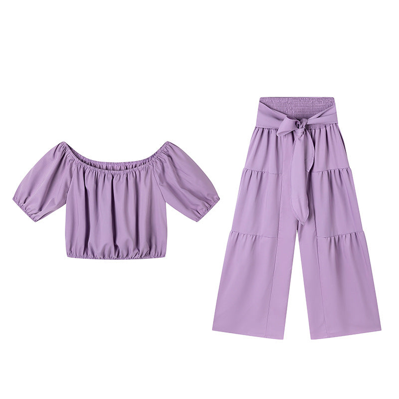 Dame Off-Shoulder Rynkede ærmer Top og bred Bukser Sæt Stilla