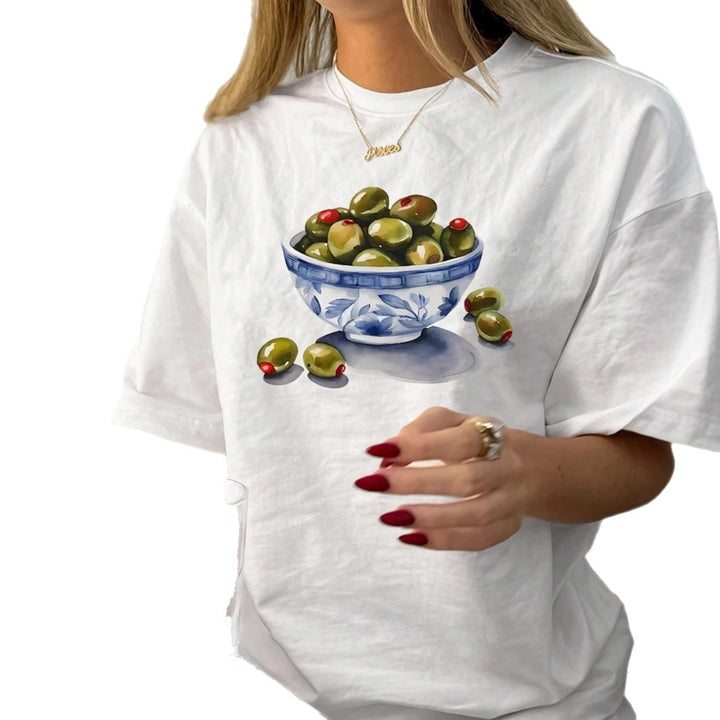 Dame T-Shirt med kreativt olivenmotiv Skovae