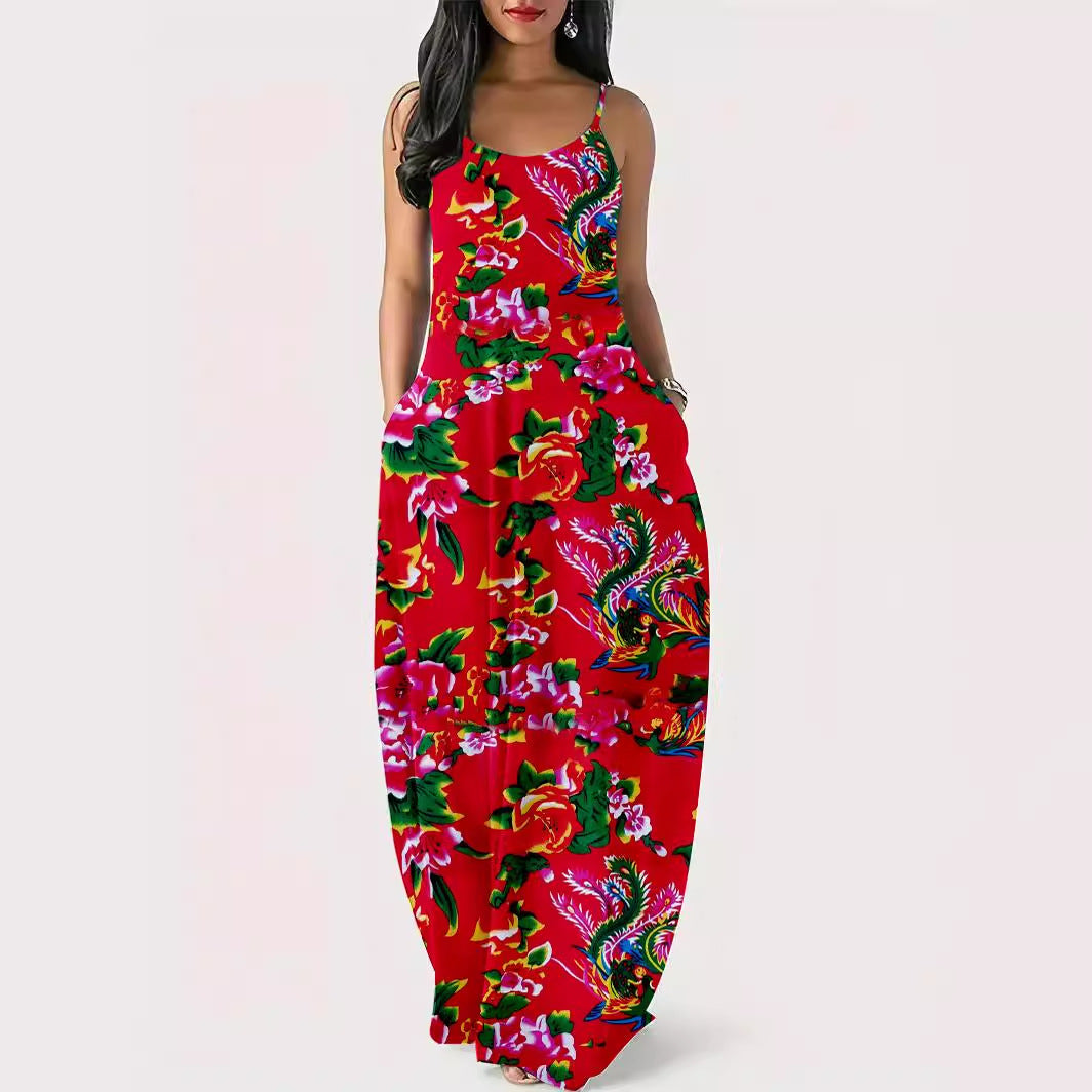 Dame Floral Print Maxi Kjole med Lommer Stilla