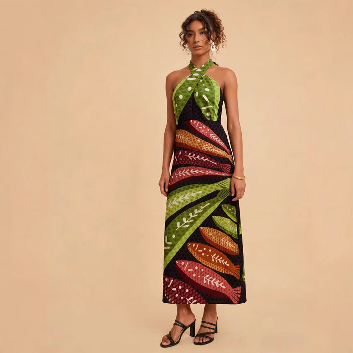 Dame Halterneck Maxi Kjole med Farverig Bladdesign og Flared Snit