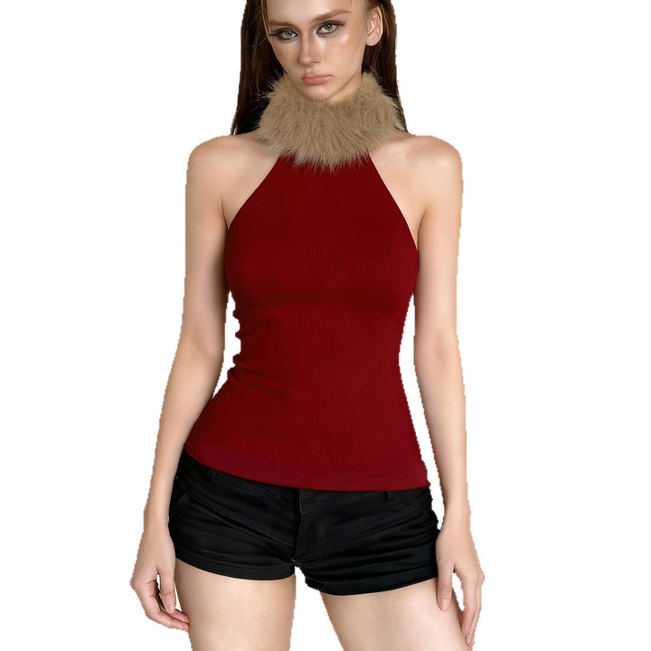 Damen elegantes langes Abendkleid mit raffiniertem Halter-Design und luxuriösem Kunstfellkragen Skovae