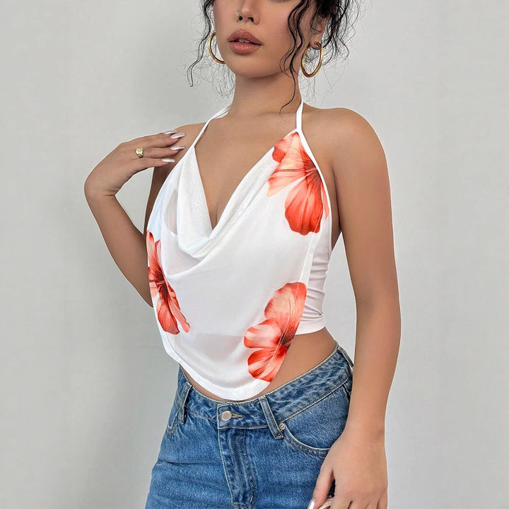Dame bluse top med dyb V-udskæring og blomsterdesign Skovae