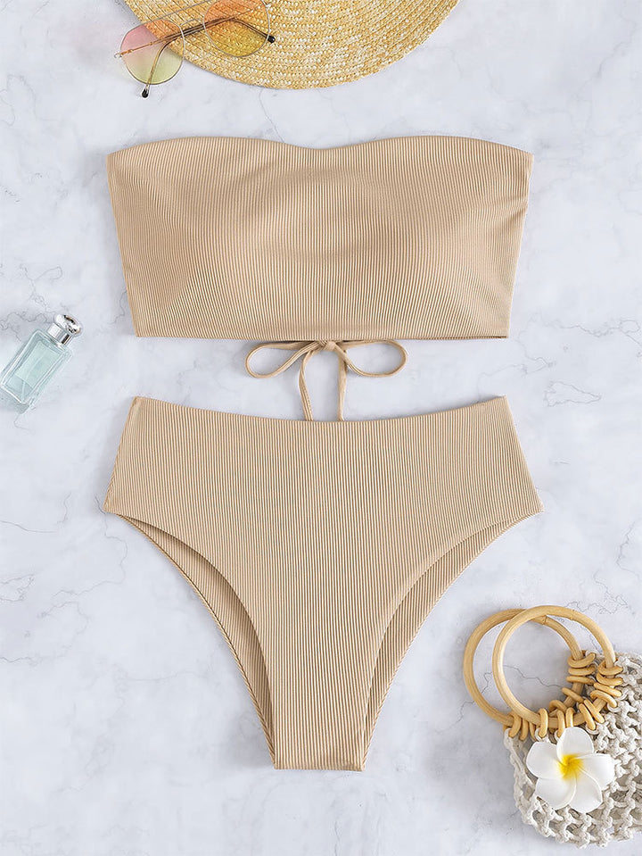 Dame bandeau-bikini med høj talje og ribbet design Skovae