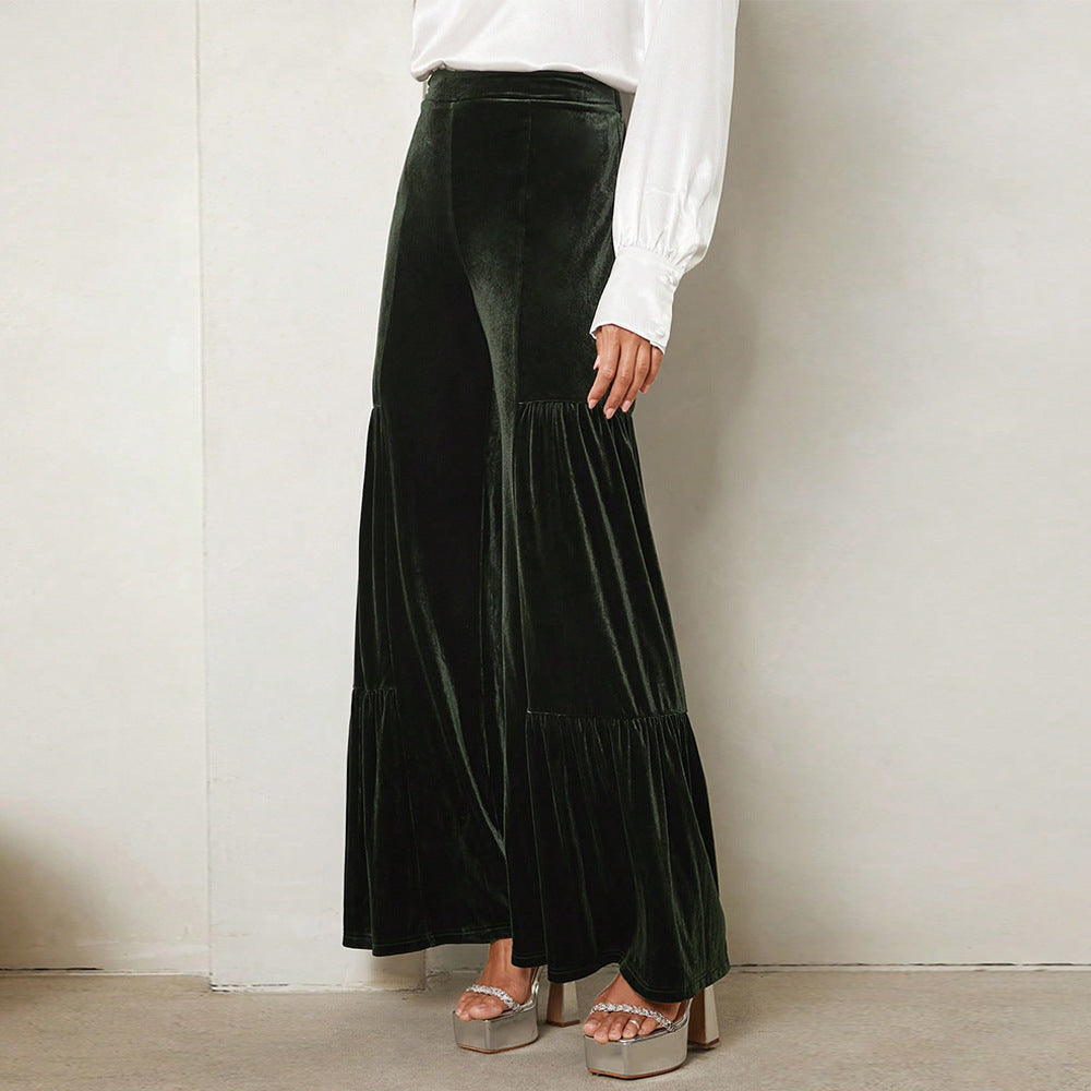 Dame Bred Velour Bukser med Volant Detaljer Stilla