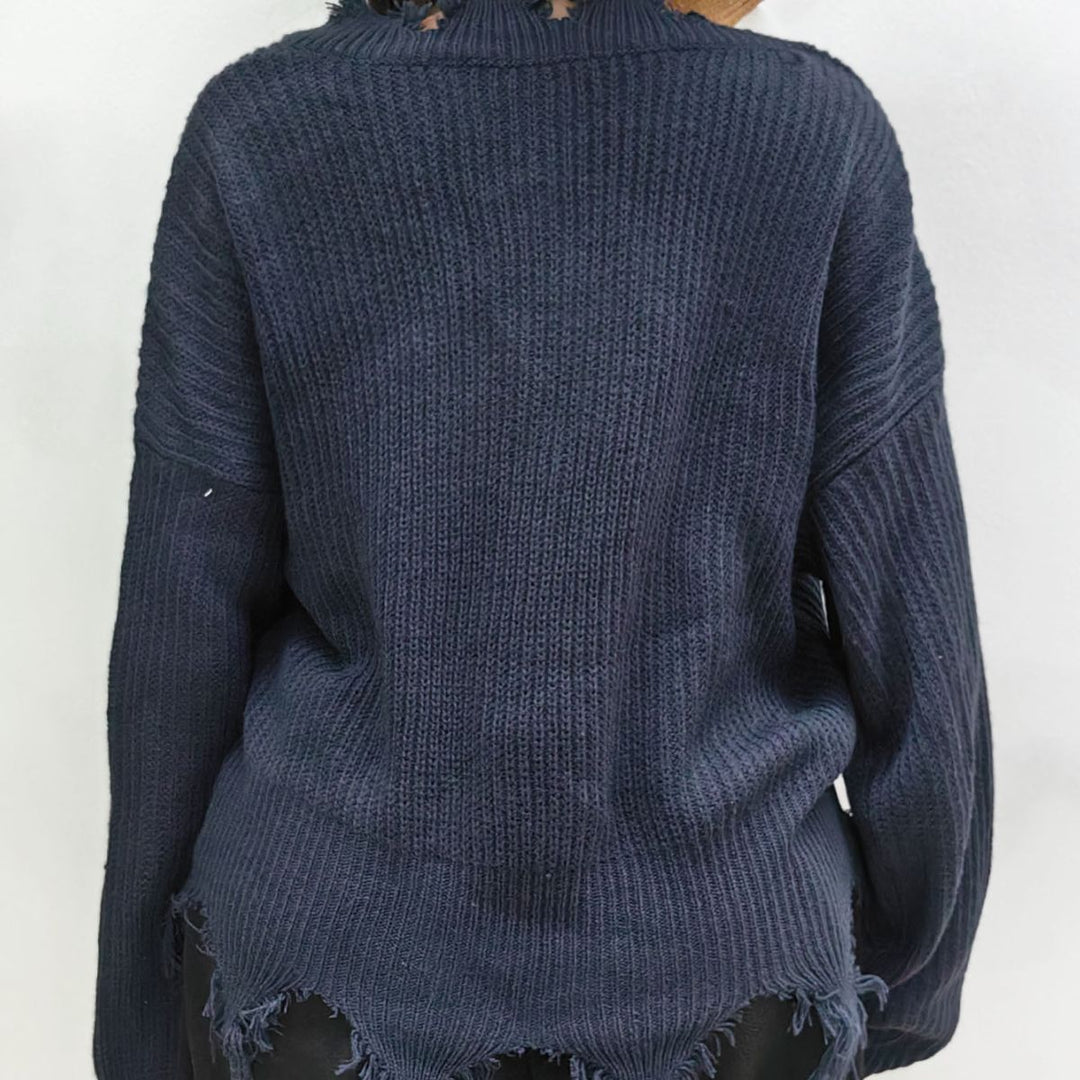 Dame afslappet V-udskæring sweater med frynset detalje Stilla