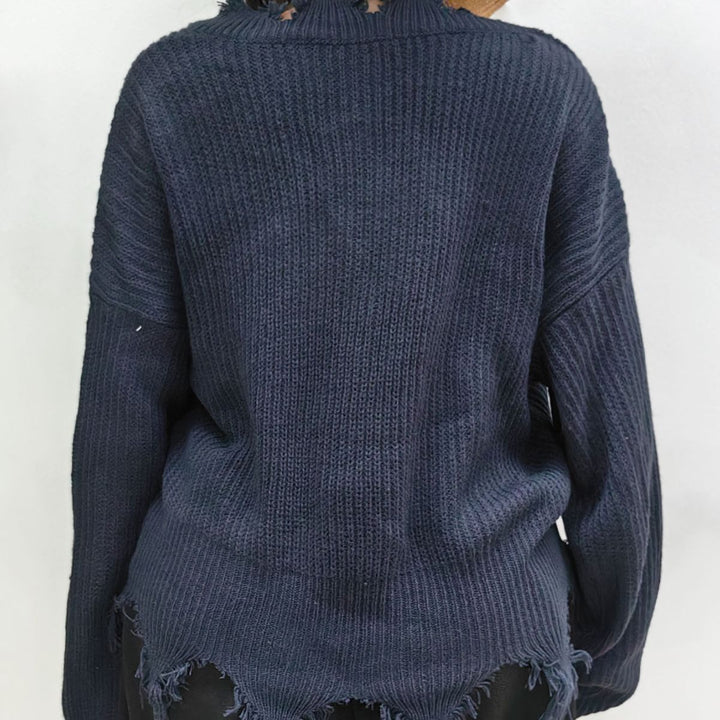 Dame afslappet V-udskæring sweater med frynset detalje Stilla