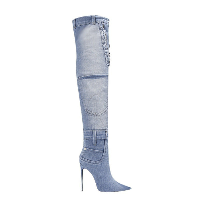 Femme Overknee-Denim-Stiletto-Støvler med distressed Detalje Stilla