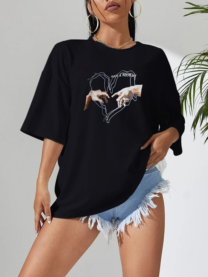 Dame afslappet T-shirt med kreativ håndmotiv og oversized snit Stilla