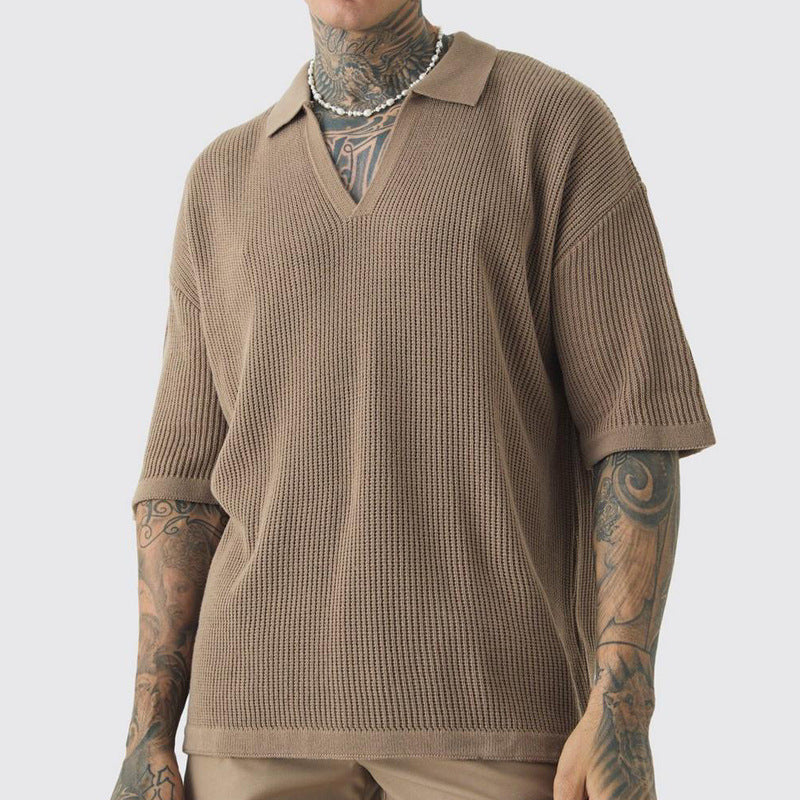 Herrer afslappet strik-T-shirt med V-hals og polo krave Stilla