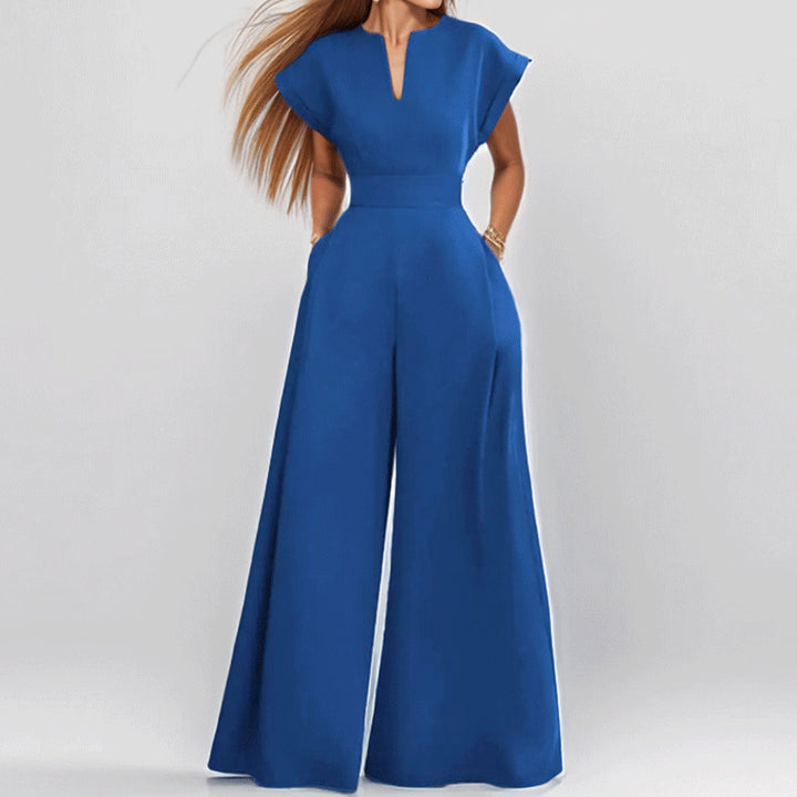 Damer Elegant Bred Jumpsuit med Korte Ærmer og Dyb Udringning Stilla