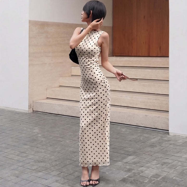 Dame Elegant Maxi Kjole med Prikkedesign og Figurtilpasset Snit Skovae