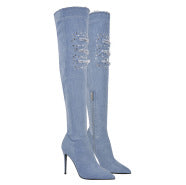Femme Over-knæet Denim Stiletto Støvler med Snøredetaljer Stilla
