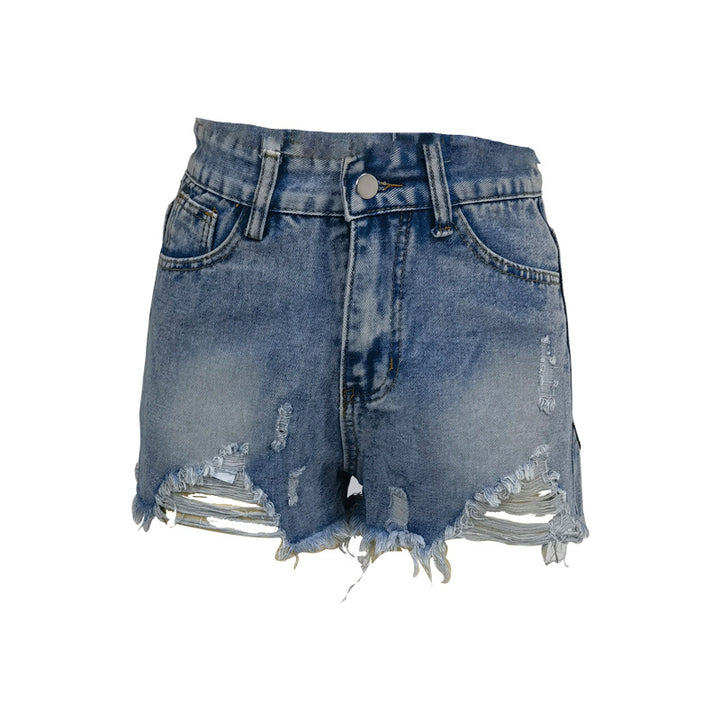 Dame Ripped Denim-Shorts med høj talje og fashionable distressed-look Stilla