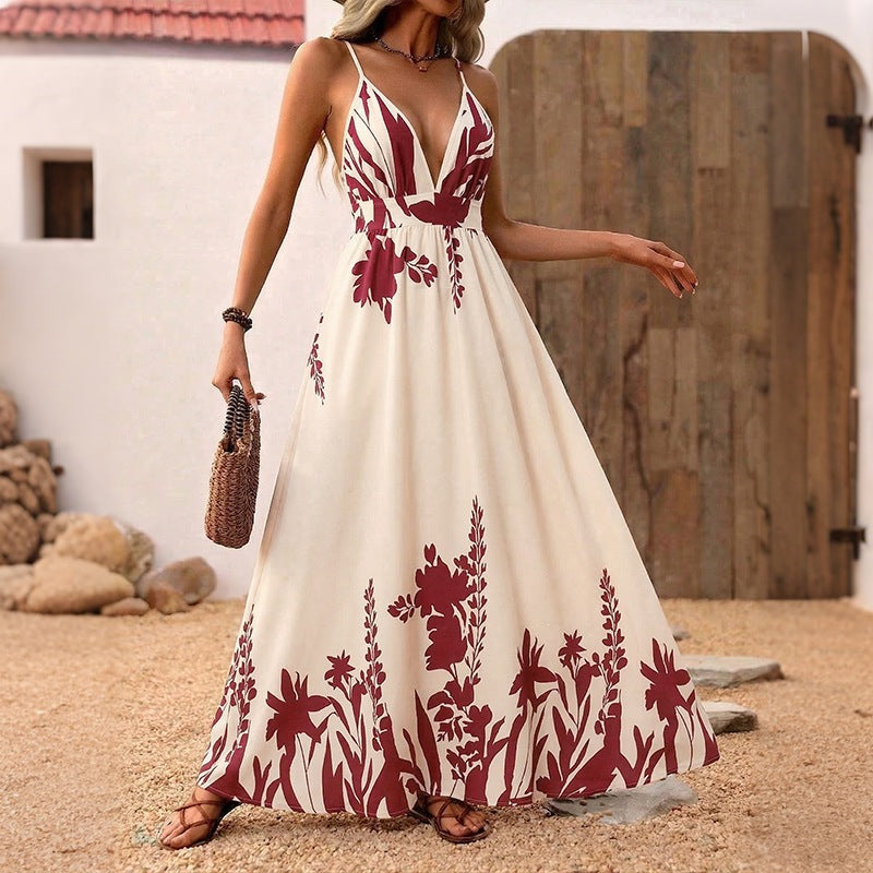 Damen Maxikleid mit tiefem V-Ausschnitt und floraler Applikation Skovae