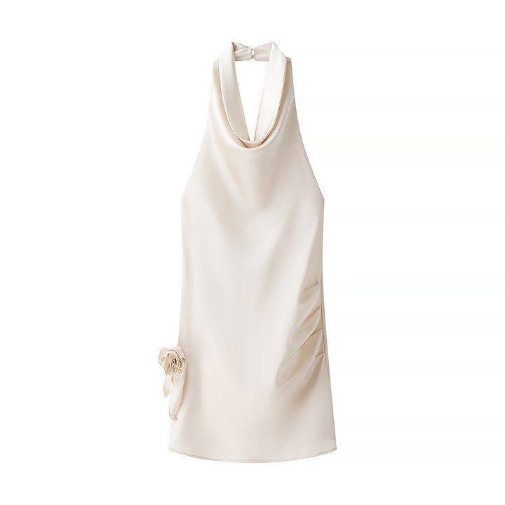 Dame elegant halterneck kjole med yndefuld drapering og blomsterdetalje Stilla
