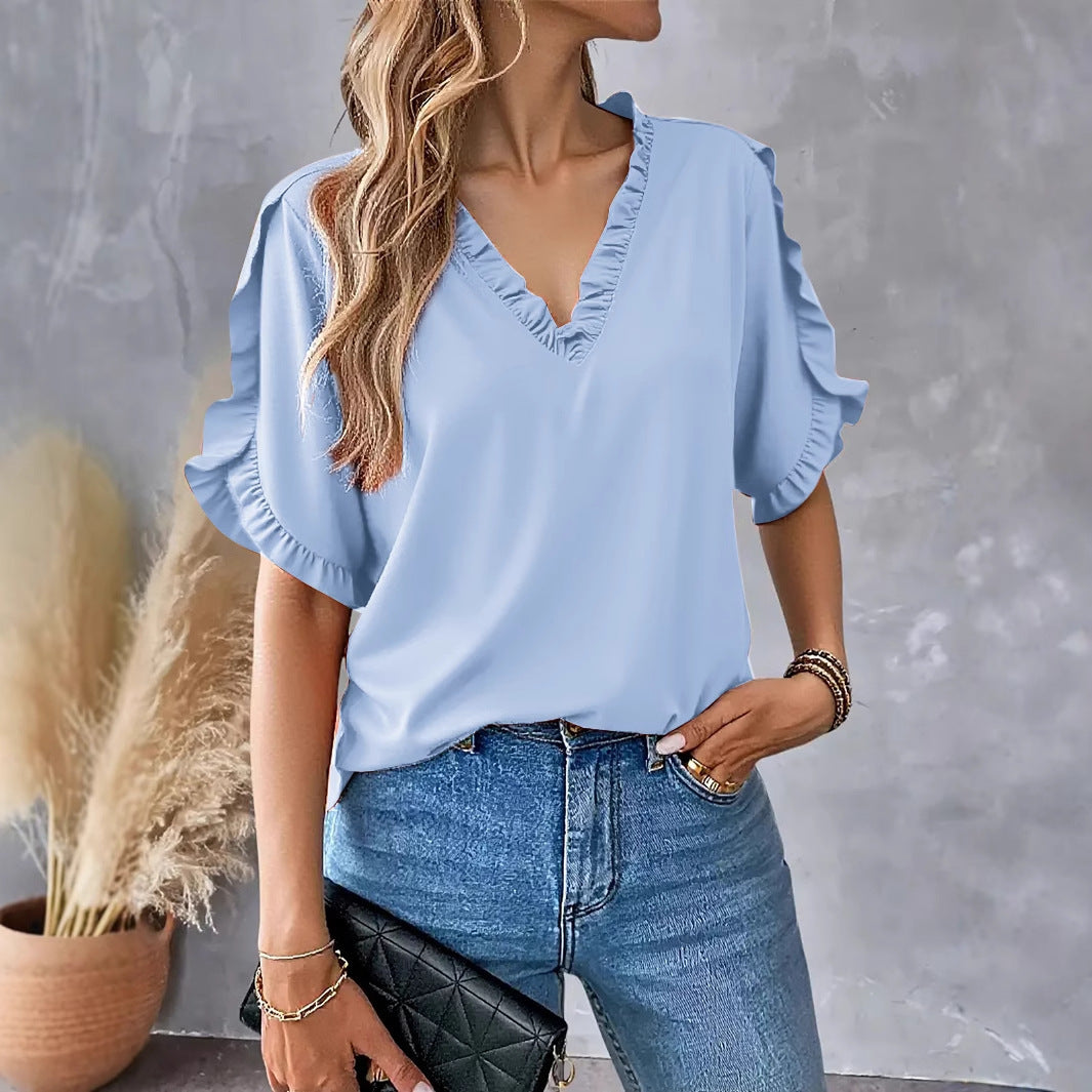 Dame afslappet bluse med ruffles ærmer og V-hals Stilla