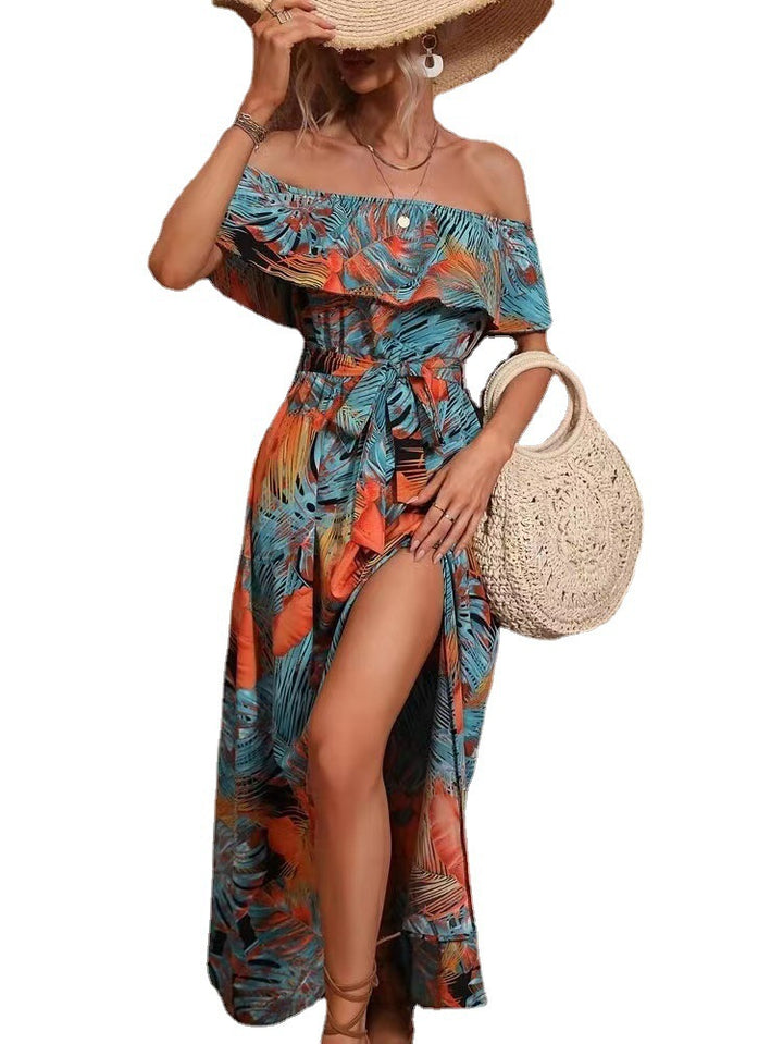 Dame Off-Shoulder Tropisk Maxi Kjole med sidelæg Stilla