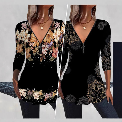Damebluse med blomsterdesign og V-udskæring Stilla