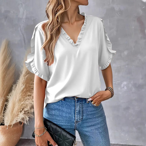 Dame afslappet bluse med ruffles ærmer og V-hals Stilla