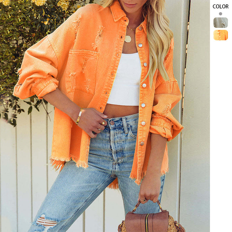 Dame løs oversized denimjakke med frynser og dekorative knapper Skovae
