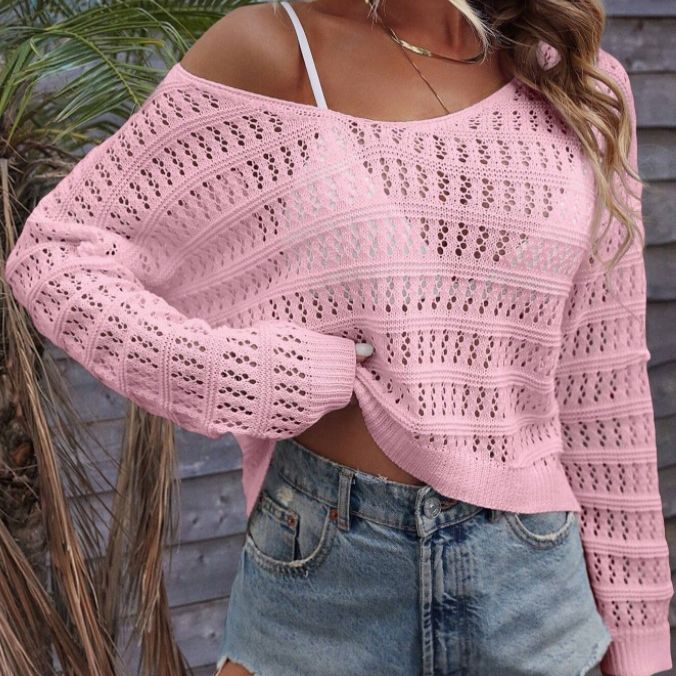 Dame løs strikpullover med off-shoulder design og fin struktur Stilla
