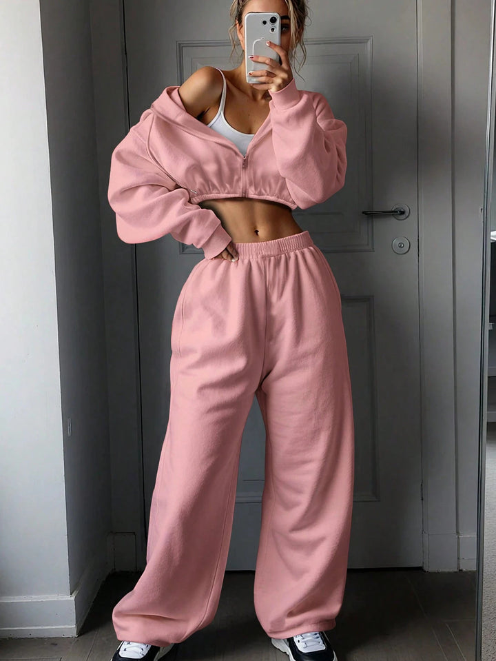 Dame oversized Crop-Hoodie med bred pasform og behagelige joggingbukser Stilla