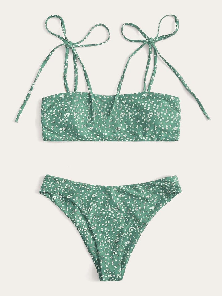 Dame Bandeau-bikini-sæt med trendy sløjfer og blomsterprint Skovae