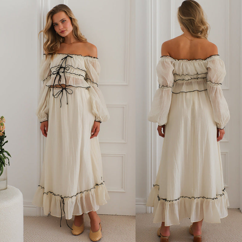 Dame Off-Shoulder Crop-Top med flæsedetaljer og bindebånd Stilla