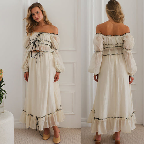 Dame Off-Shoulder Crop-Top med flæsedetaljer og bindebånd Stilla