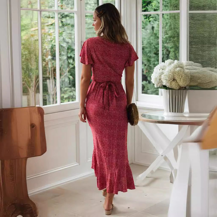 Dame vaffelkjole med flæser og blomsterdesign Stilla