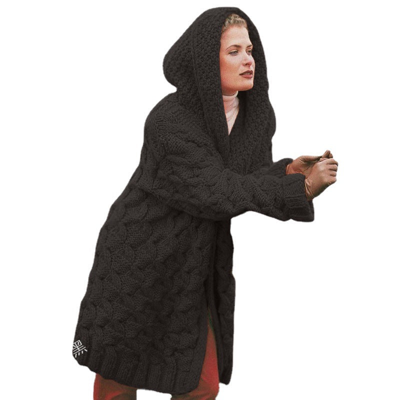 Kvindernes chunky strik cardigan med hætte og struktureret mønster Stilla