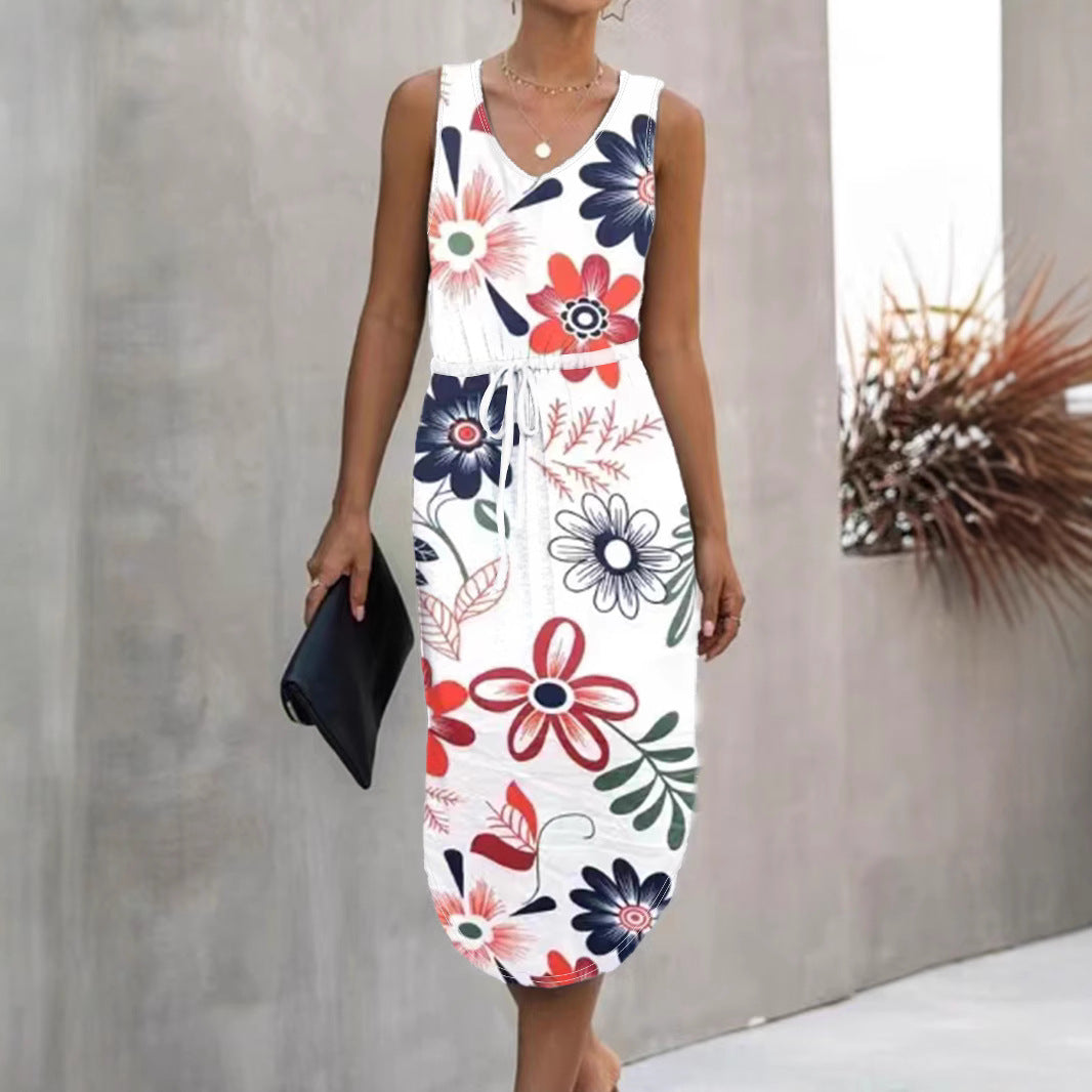 Dame blomsterprint midi kjole med justerbar talje Stilla