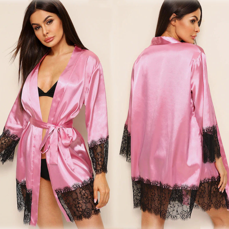 Dame elegant satin kjole med blondebesætning Stilla