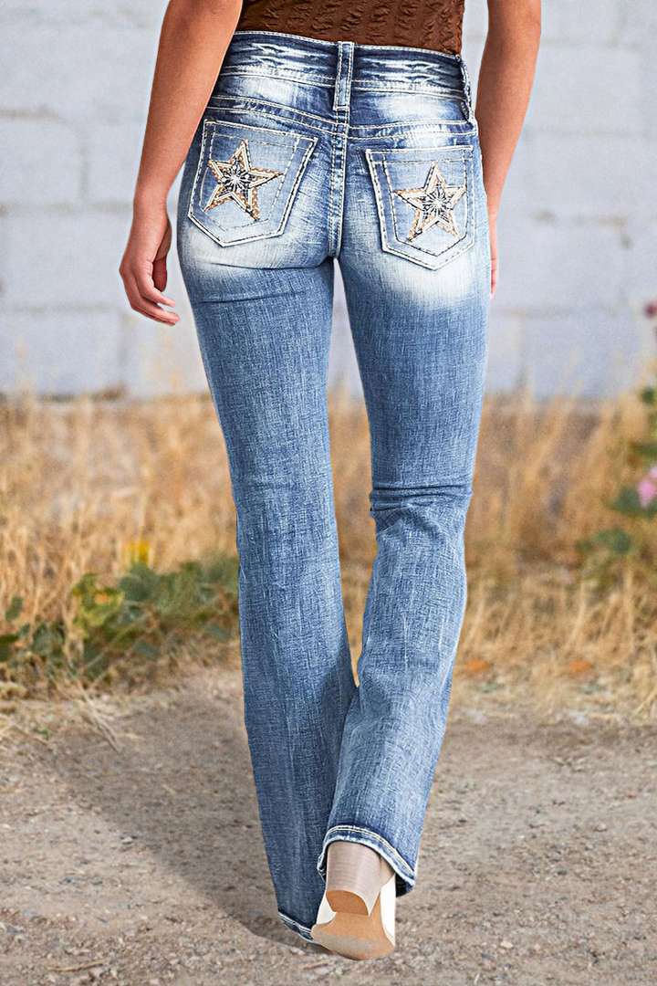 Dame Bootcut Jeans med glitrende palietter og moderne Used-Look Stilla