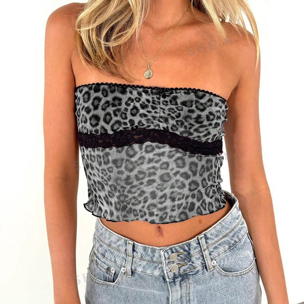 Dame bandeau-top med trendy leopardmønster og delikat spidskant Skovae