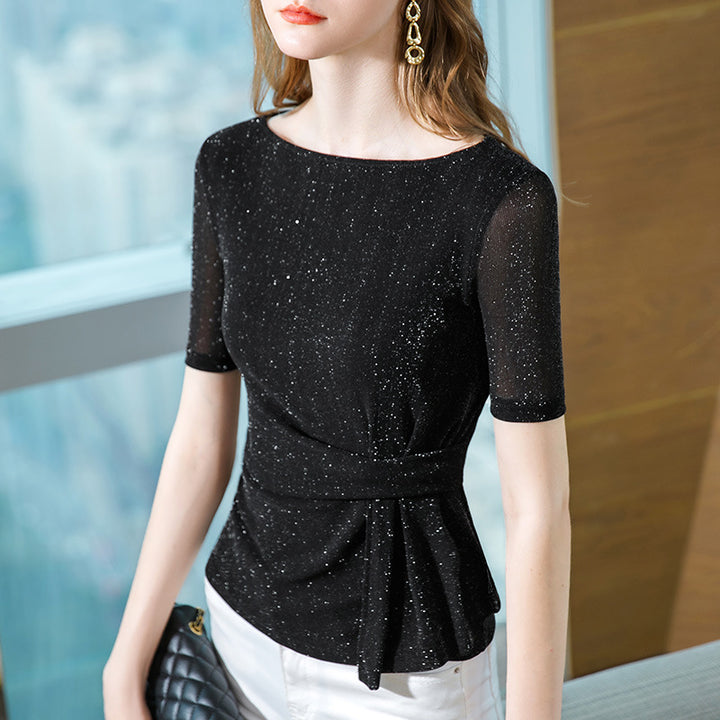 Dame Elegant top med glitrende stof og stilfuld indpakningsdesign Stilla
