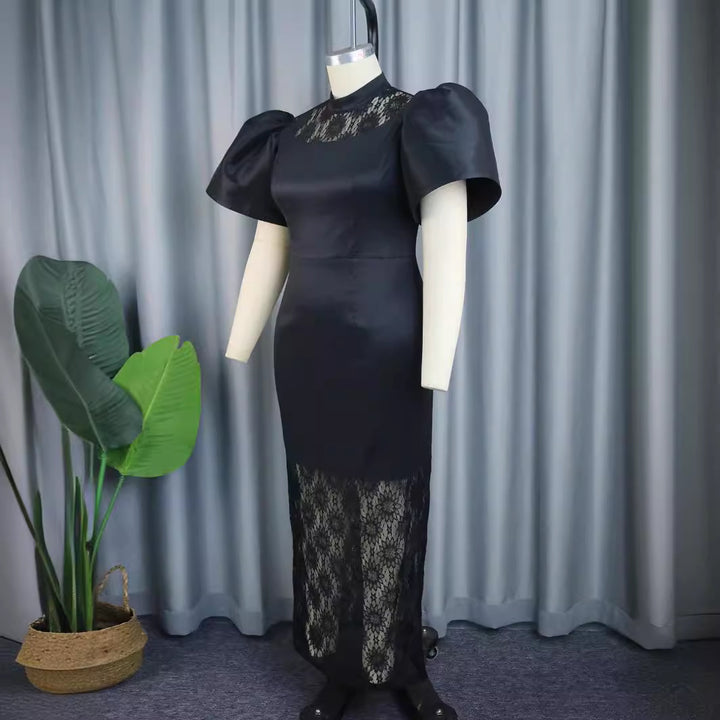 Dame Elegant Maksikjole med dekorative puffede ærmer og romantisk spidsbund Skovae