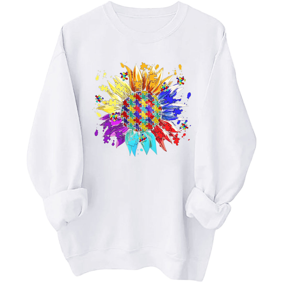 Kvindernes sweatshirt med kreativ puslespilsblomst design og en behagelig pasform Stilla